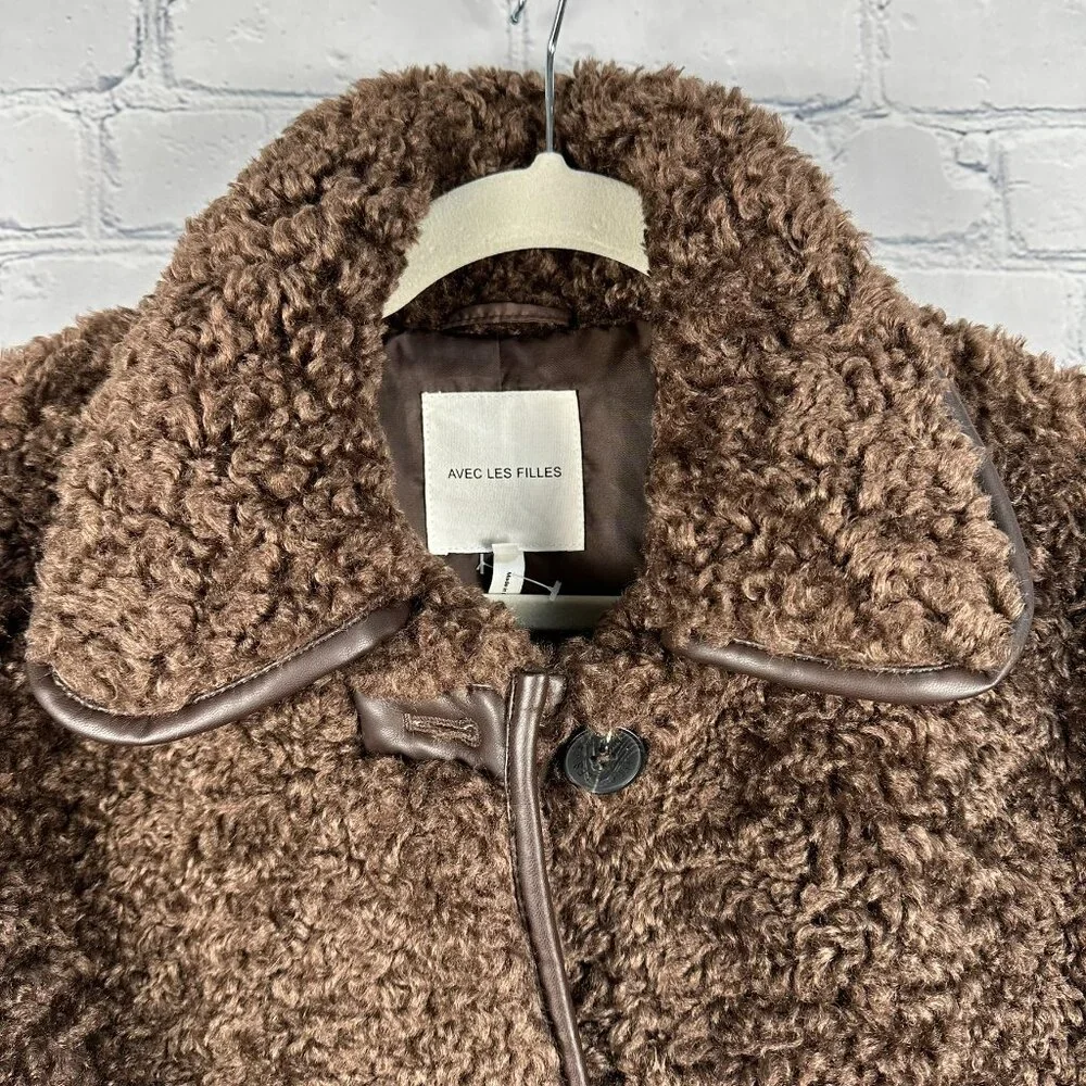Avec Les Filles Faux Shearling Teddy Coat w/ Faux Leather Trim, Size S, Espresso